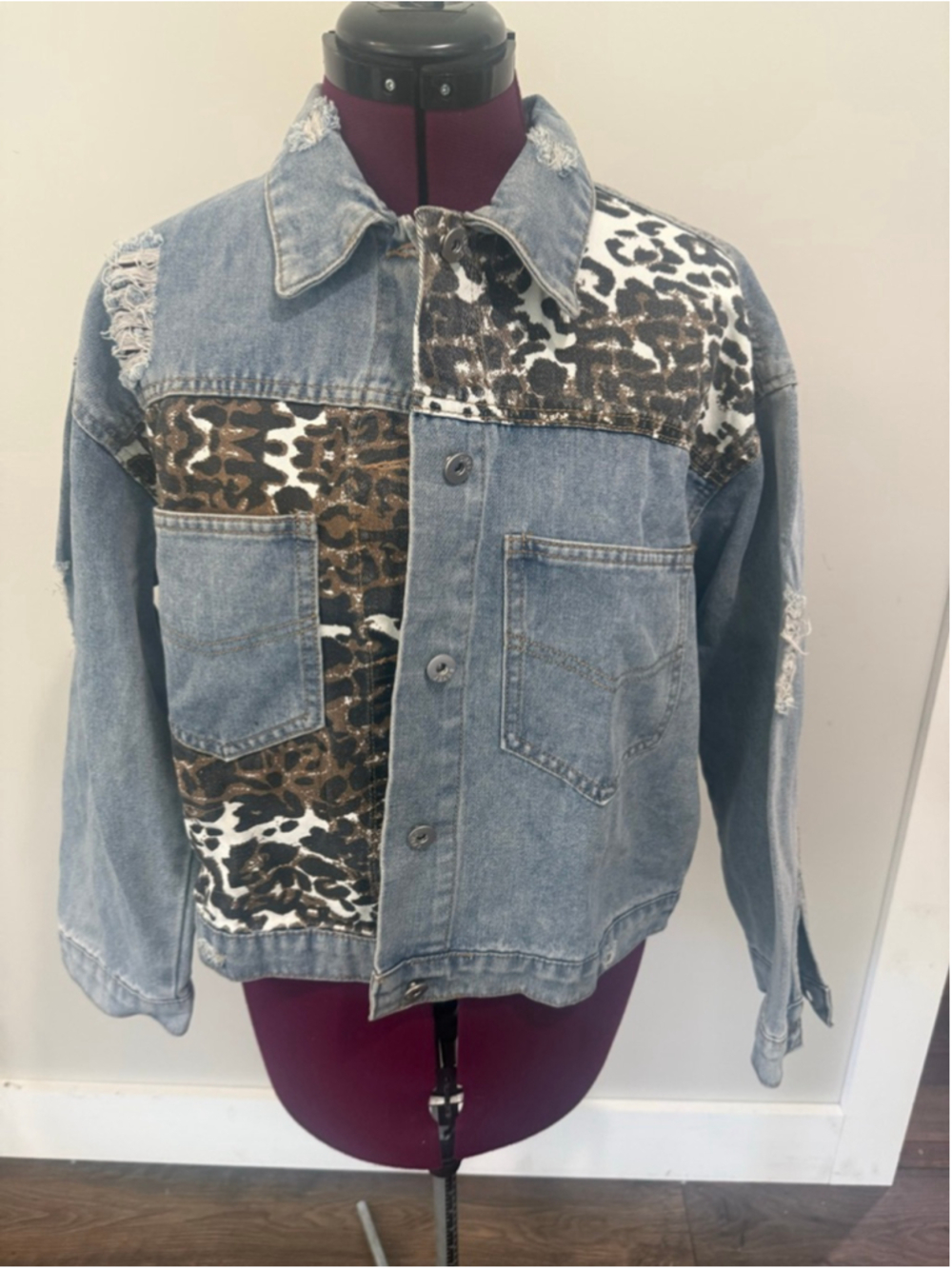 New Distressed Jean Leopard Jacket Large